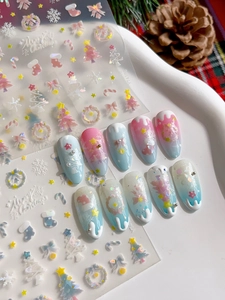 3D relief Christmas nail stickers with snowflakes and reindeer on a festive background