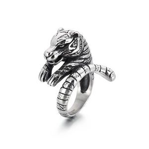 Retro punk style stainless steel tiger head ring with detailed silver finish carving