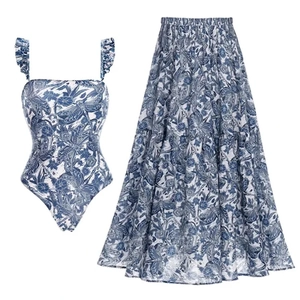 Detail view of blue toile de jouy print bodysuit with ruffled straps and matching maxi skirt