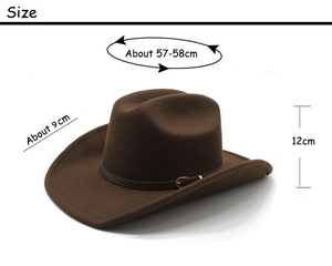 Detailed size chart for the brown wool cowboy hat with brim and crown dimensions
