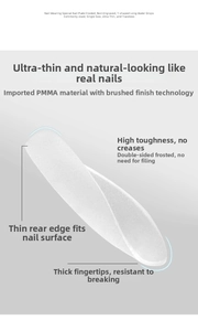 Detail showing PMMA nail tip flexibility and frosted texture with thin cuticle edge