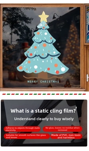 Detail of static cling Christmas window stickers showing glueless PVC film application
