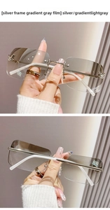 Detail of silver rimless rectangular sunglasses with gradient gray lenses and diamond trim