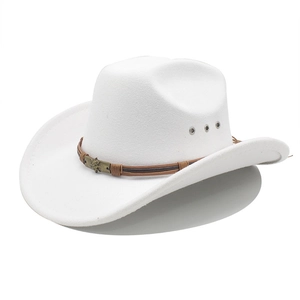 White western cowboy hat with wide brim, woven rope band and skull metallic ornament