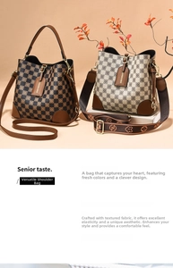 Detail of checkered bucket bags in dark brown and beige with patterned shoulder straps