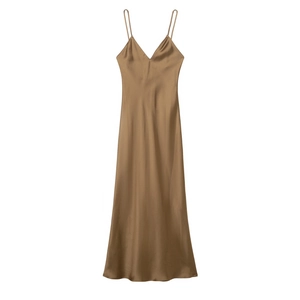 Elegant brown satin slip dress for women with V-neckline and smooth draping silhouette