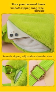 Detail view of plush coin purse showing smooth zipper, adjustable strap and interior space