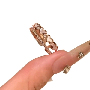 Elegant rose gold double-layer open ring featuring a shell heart and zircon accents