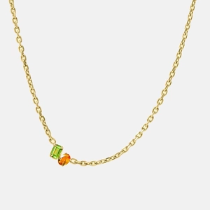 18k gold plated stainless steel O-chain necklace with green square and orange oval zircon