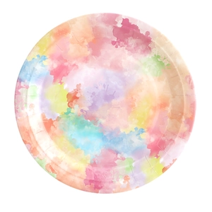 Round watercolor disposable paper plates with colorful splash patterns for party decor