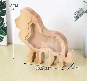 Lion-shaped wooden money box with transparent acrylic window and 20.5x18x3 cm dimensions