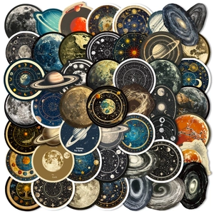 50-piece vintage astronomy sticker set featuring solar system planets and galaxies