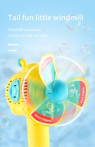 Detail of yellow submarine windmill bubble wand with spinning blades and colorful bubbles