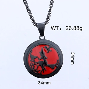Detail showing a 34mm Gothic witch and bat pendant with red moon and black enamel finish