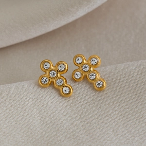 18K gold plated stainless steel cross stud earrings with sparkling cubic zirconia inlay