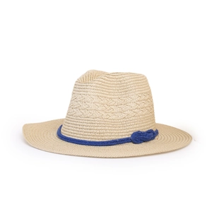 Close-up of beige straw sun hat featuring a detailed blue woven rope knot and wavy brim