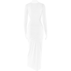 Détail de robe blanche à manches longues avec texture froncée et coupe slim vue de dos