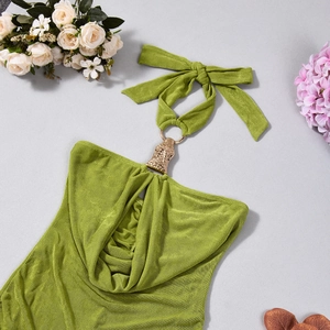 Détail de la robe licou vert olive avec boucle métallique tête de lion dorée