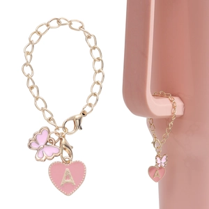 Pink enamel butterfly and heart letter A charm chain for Stanley cups on gold link