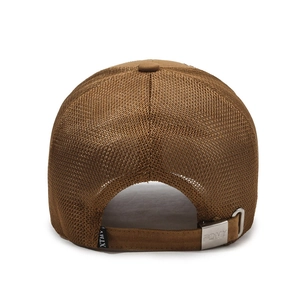 Brown mesh baseball cap back view with adjustable strap and metallic buckle detail