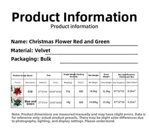 Size chart for 27cm velvet Christmas poinsettia decorations in red and green colors