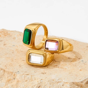 Vintage stainless steel wide band rings with emerald green and purple zircon stones
