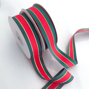 Christmas red and green striped ribbon with gold thread trim for festive gift wrapping
