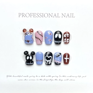 Handmade Halloween cartoon press-on nails with 3D eye and skull relief decorations