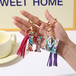 Detail of H and M letter keychains with colorful prints and long silk tassels