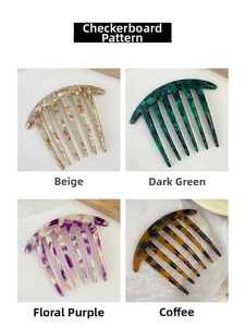Detailed grid view of acetate hair side combs in checkerboard and marble patterns
