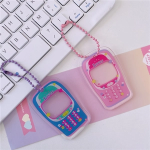 Retro mobile phone acrylic keychain pendants in pink and blue with ball chains