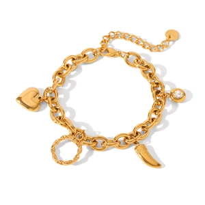 Detail of gold stainless steel link bracelet with heart, crystal, and horn pendants