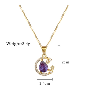 Macro detail of purple waterdrop stone and gold moon pendant with 2cm measurement scale