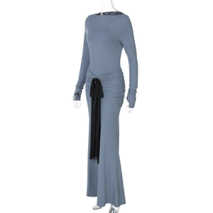 Detail of grey blue long sleeve dress featuring an elegant black satin waist tie ribbon