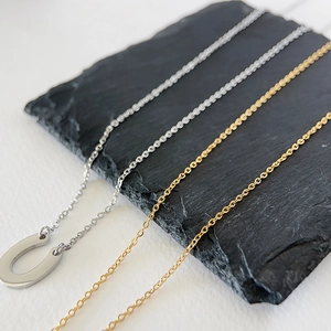 Macro shot of silver horseshoe pendant and golden titanium steel chain on stone