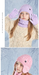 Detail view of kids winter knit set with cable pattern hat, scarf and touchscreen gloves