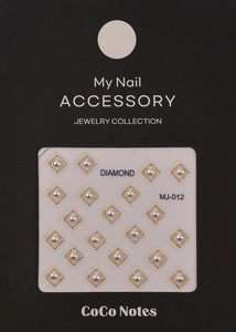 Macro view of MJ-012 nail art stickers with golden metal frames and white pearls