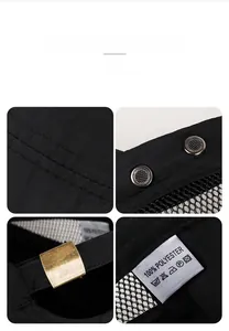 Detail view of quick-dry hat with reinforced stitching, vents and adjustable buckle