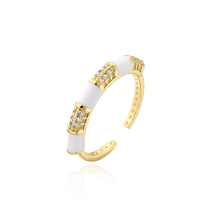 Bohemian 18K gold plated geometric open ring with white enamel and sparkling zircon accents
