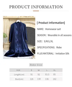 Detailed size chart for women imitation silk robe featuring length and bust measurements