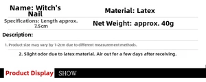 Specifications of latex witch nails for Halloween cosplay props with size and weight info
