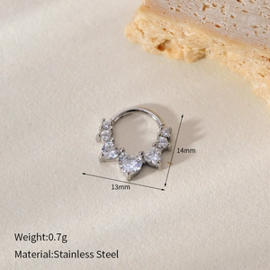 Detailed view of stainless steel seamless nose ring with zircons and 13mm size markings