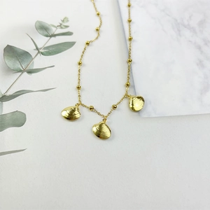Gold stainless steel necklace with fine beads and three exquisite shell pendants for women