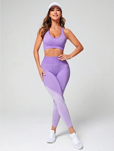 Detail shot of purple seamless leopard print yoga set featuring high waist and ribbed fabric