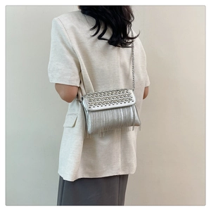 Detail of silver crossbody bag with sparkling rhinestones and metal fringe tassels