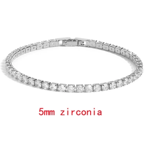 Detailed close-up of 5mm round-cut zirconia tennis bracelet with silver claw settings