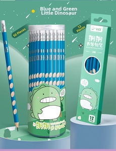 Detail of 2B ergonomic pencils with blue dinosaur design in bucket and box packaging