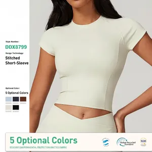 T-Shirt Sportiva da Donna in Materiale Riciclato Ecosostenibile Slim Fit Manica a Volant Asciugatura Rapida Yoga Fitness Corsa