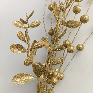Golden glitter artificial berry branch for Christmas DIY home decor and flower arrangement