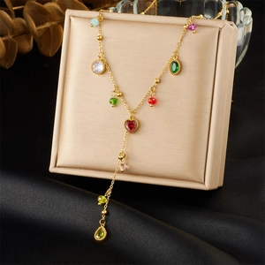 Chic Women Stainless Steel Gold Plated Y Necklace Featuring Multi Color Gemstones Heart And Teardrop Drip Pendant